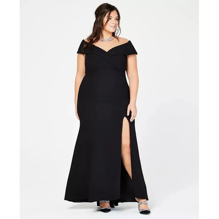 women's cotton dressesXSCAPE Women's Plus Off The Shoulder Slit Gown Black Size 18W