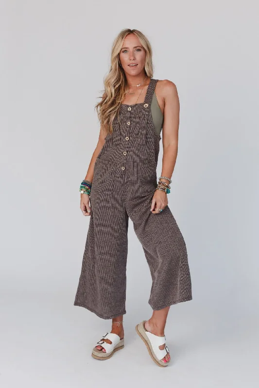 women's jumpsuits with round necksThe Nest High Hopes Button Up Overalls - Brown